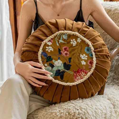 法式轻奢抱枕客厅布置氛围感沙发抱枕圆形中国风复古丝绒床头靠枕