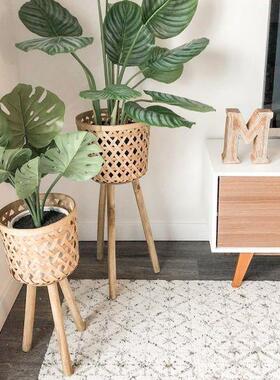 斯堪的纳维亚风格客厅绿色植物竹装饰花架竹藤花盆阳台花架编织篮