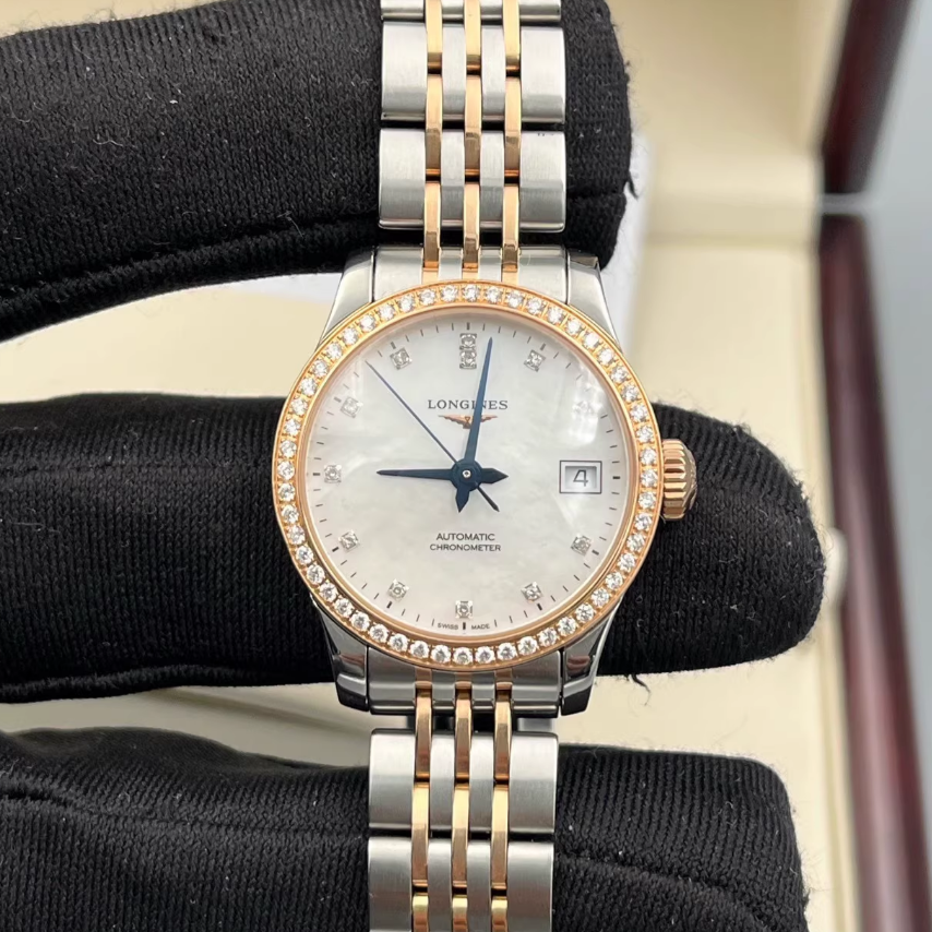 新款盒证9.8新 浪琴开创者钢18K金自动机械钻石女表L2.320.5.89.7