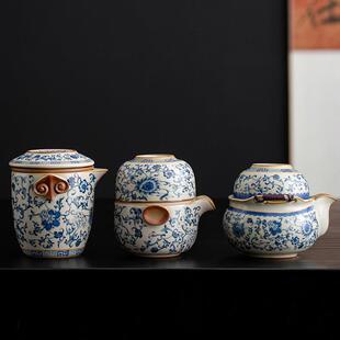 汝窑青花一壶两杯旅行茶具便携套装 陶瓷茶壶户外一两人喝茶泡茶器