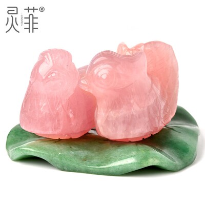 粉晶鸳鸯摆件一对比翼鸟芙蓉石粉色水晶原石原矿客厅新婚卧室饰品