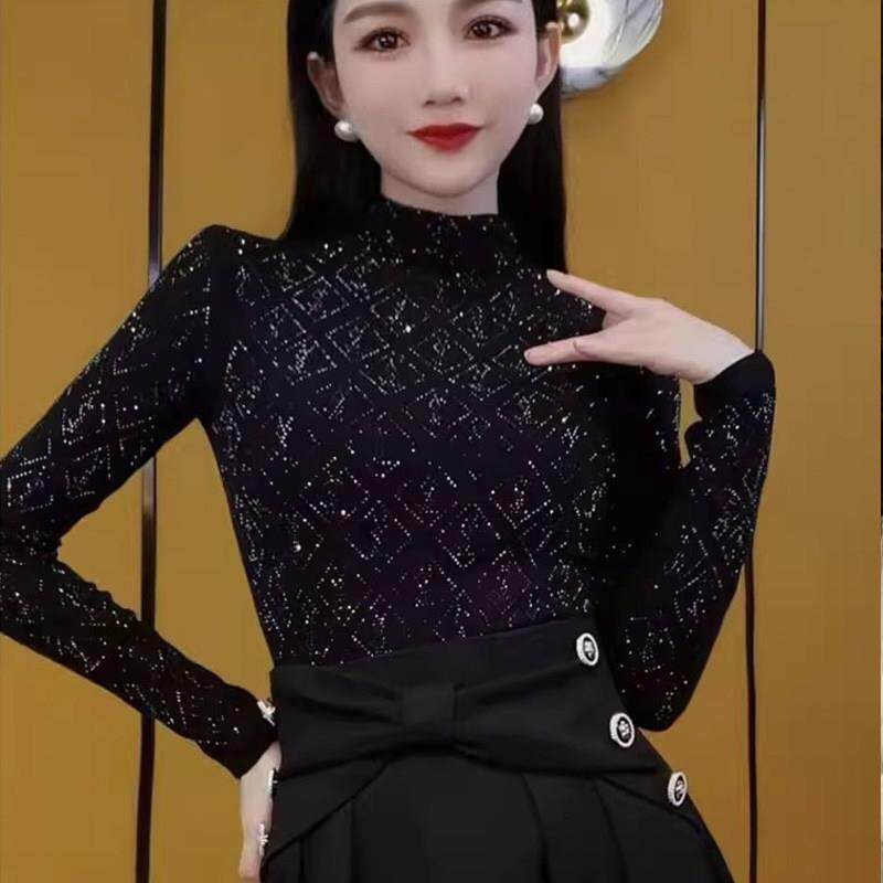 重工烫钻半高领长袖T恤女2026春秋新款黑色显瘦高级感打底上衣潮