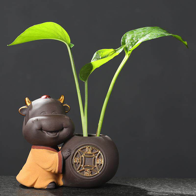高档宇轩 创意紫小花水福牛装饰培花插花瓶家居砂器办公客厅国风