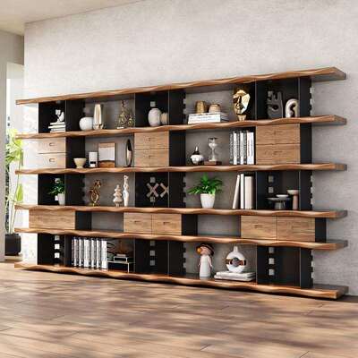 美式实木ALtj#u+y落多层书架公置物抽架隔断展示架带地屉满墙书架