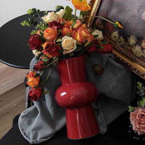 SoftHome北欧陶瓷花瓶高级感中古高颜值简约法式干花新年红色花瓶