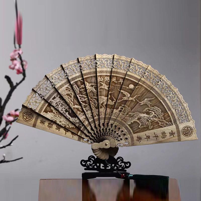 金丝楠木扇子折扇香木古典风折叠装饰镂空雕刻工艺品木扇子