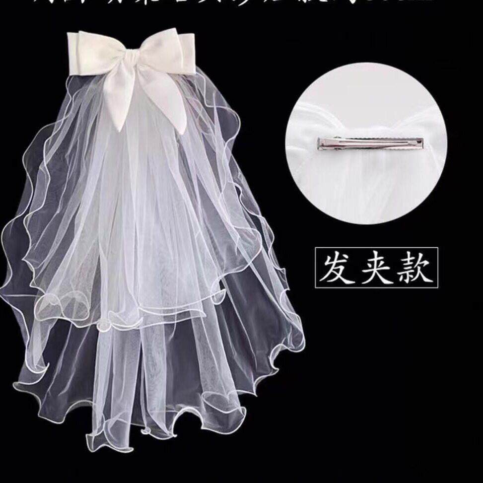 登记领证小头纱法式头饰品简约短款双层新娘结婚拍照白色婚纱发夹