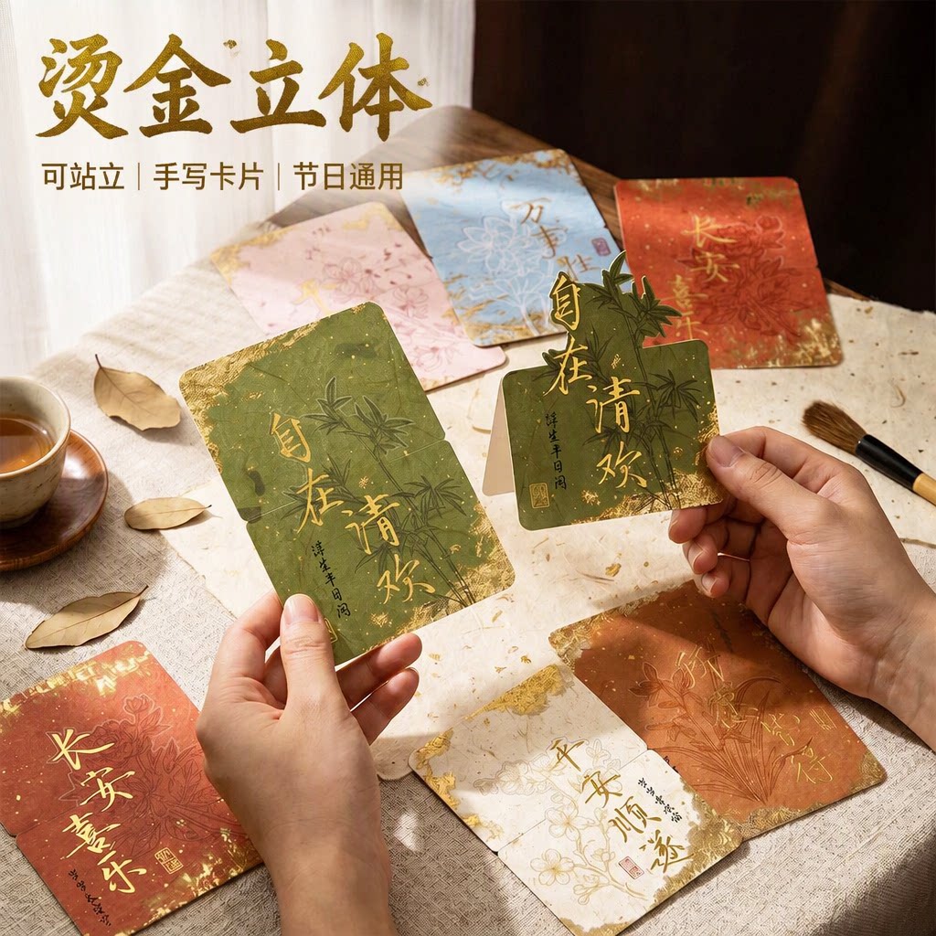 新中式贺卡国风花卉竹子祝福卡片节日通用礼品留言烫金立体可站立