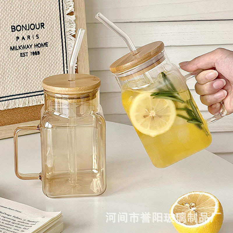 高颜值高硼硅玻璃吸管杯便携带盖方形透明水杯ins风带把手果汁杯,餐饮具,玻璃杯,淘宝优惠券,粉丝福利购,淘宝优惠卷