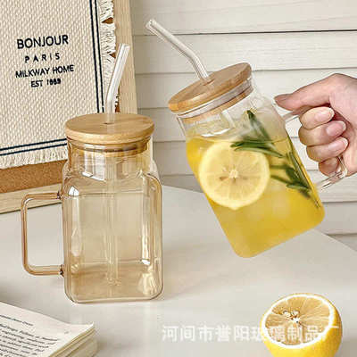 高颜值高硼硅玻璃吸管杯便携带盖方形透明水杯ins风带把手果汁杯