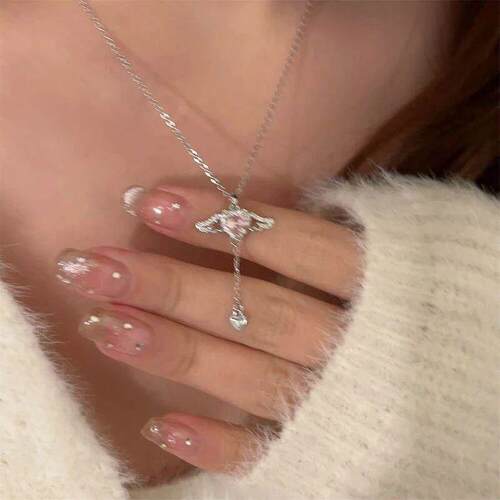 Crystal Angel Wings Heart Pendant Necklace Y2K Girl Simple P