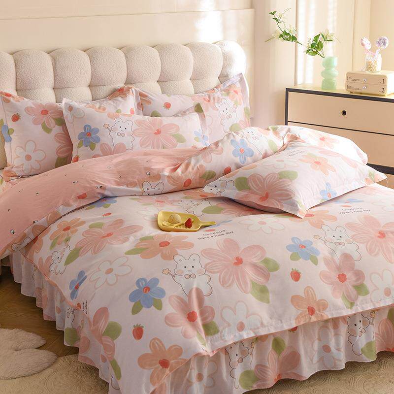 新款全棉四件套花边被套格子被罩学生宿舍三件套南通床上用品