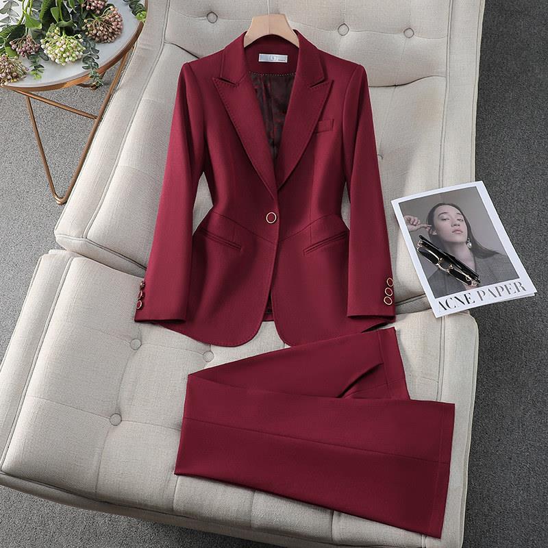 酒红色西装外套女春秋气质高级感西服套装工作服主持人正装职业装
