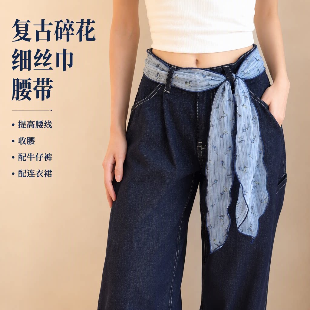 复古碎花细丝巾腰带女收腰提高腰线配牛仔裤连衣裙腰链装饰配饰
