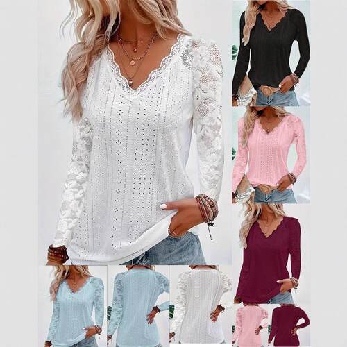 Small women's long sleeved lace patchwork hollow top