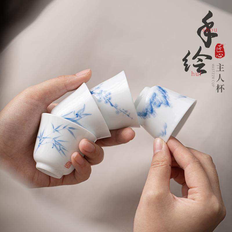 釉下彩手绘白瓷品茗杯家用小茶杯茶碗杯子闻香杯功夫茶具主人杯