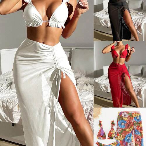Women ' s Solid Wireless Bikini Set , Tie - Back Ruffle Trim