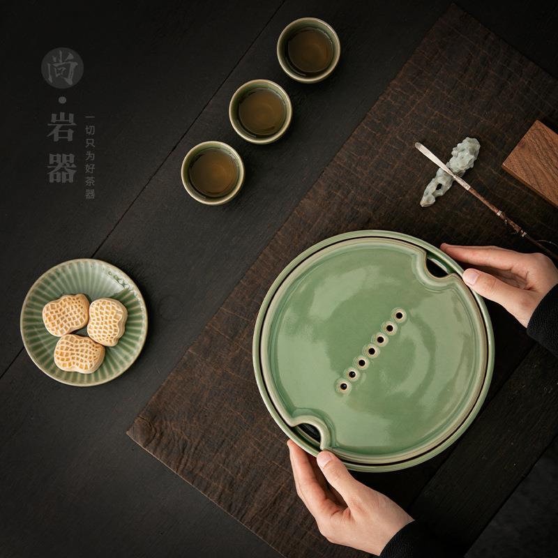 复古青瓷茶盘圆形储水式泡茶台陶瓷干泡盘日式祖母绿茶台茶海