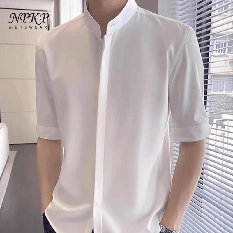 高级感衬衫男夏季中式冰丝立领五分袖衬衣潮流轻熟风休闲中袖上衣