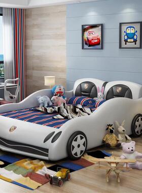 NRFQ065#儿童床男孩卡通汽车软包皮床1.2米带护栏女孩实木单人跑