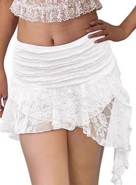 Skirt Low Rise Mini Lace Pleated Ruffle Asymmetrical Half