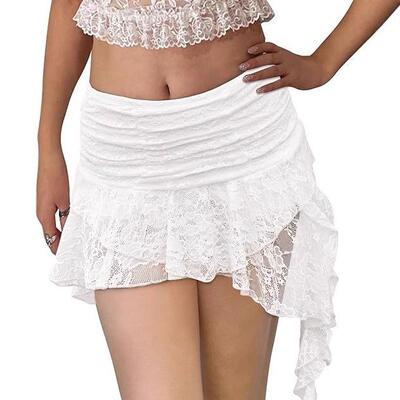 Skirt Low Rise Mini Lace Pleated Ruffle Asymmetrical Half