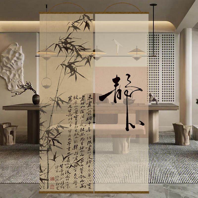 水墨竹中式透景屏风纱中式卷帘隔断窗挂帘山水窗帘透光纱帘特价