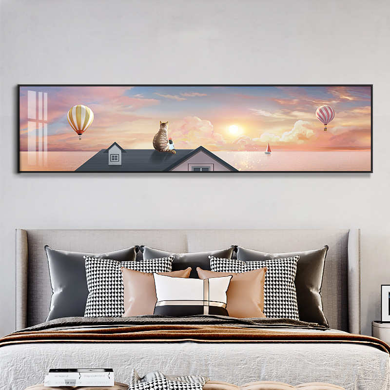 卧室装饰画主卧床头挂画温馨房间治愈民宿横幅客厅墙画懒猫壁画
