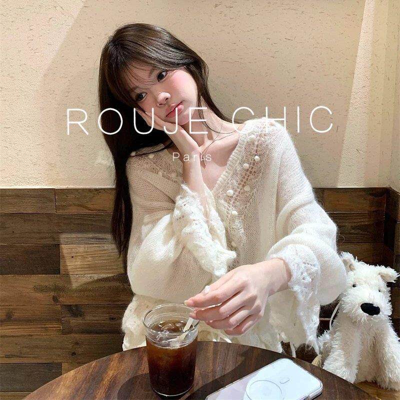ROUJE CHIC法式温柔风V领镂空勾花针织衫女春季小众宽松毛衣外套