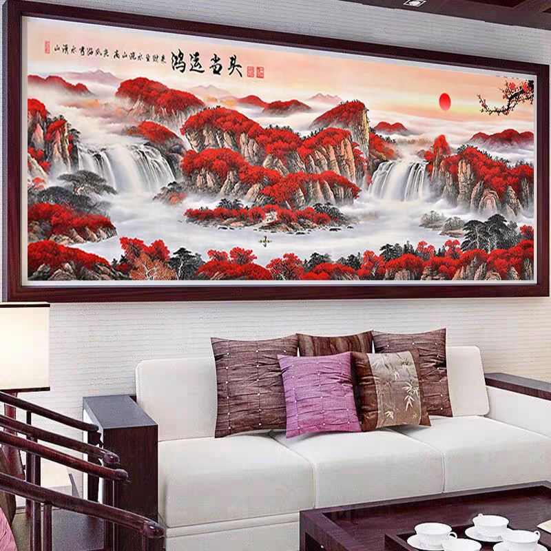 鸿运当头十字绣成品不带框已绣好纯手工出售2025新款客厅山水挂画