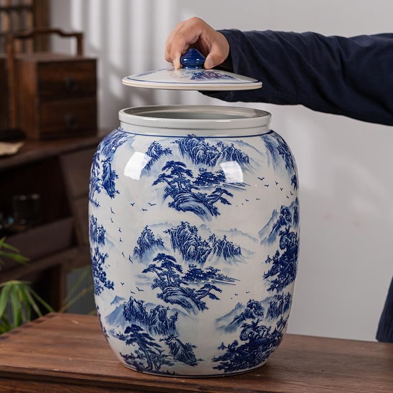 景德镇青花陶瓷米缸密封带盖厨房面缸油罐防虫防潮加厚大号储物罐