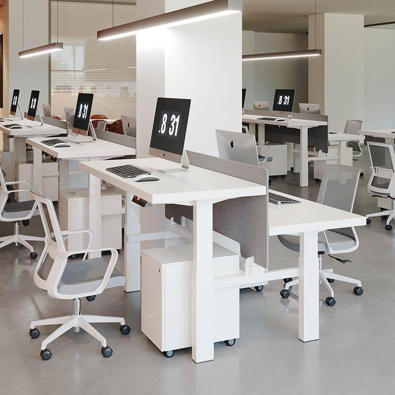 可升降工位桌带挡板电动站立式实木双人电脑桌员工白色屏风办公桌