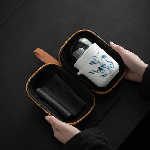 手绘羊脂玉瓷旅行茶具套装户外便携式包快客杯一壶三杯茶具小套装