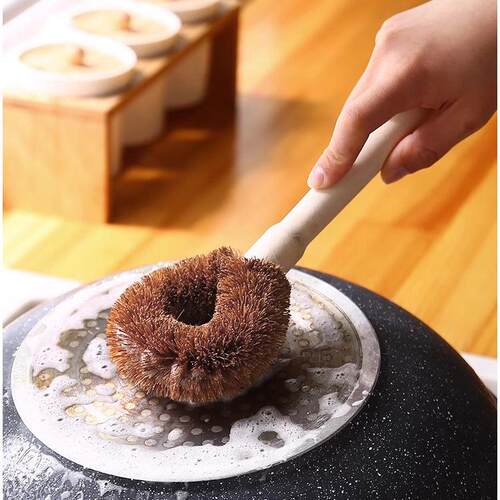 Coconut Fiber Pot Brush, Long Handle Kitchen Cleaning Brush