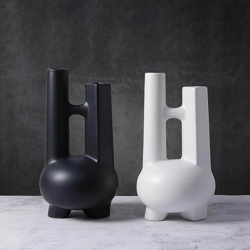现代简约北欧创意抽象几何不规则黑白陶瓷花瓶摆件家居样板间饰品