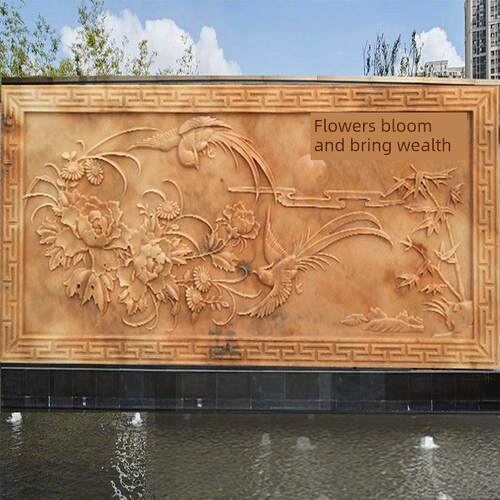 石雕浮雕晚霞红汉白玉中式照壁画屏风花开富贵大理石门口玄关影壁