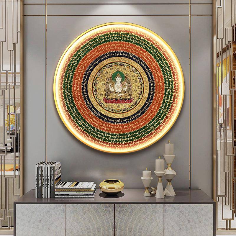 新中式唐卡装饰画发光玄关圆形led氛围灯画中堂禅意心经走廊挂画