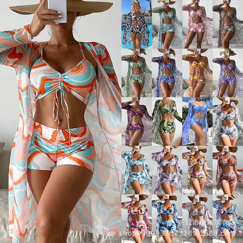 Women ' s Plants Print Bikini Set , Long Sleeve Open Front