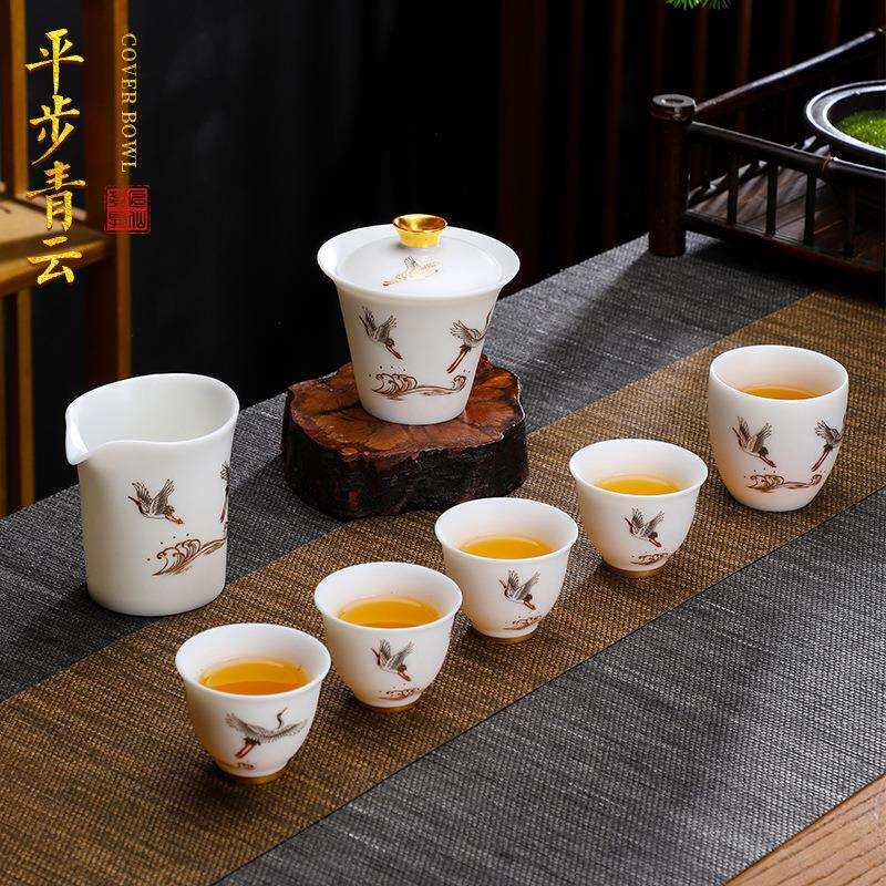 德化羊脂玉白瓷茶具套装国潮风中式客厅手绘盖碗公杯主人杯整套