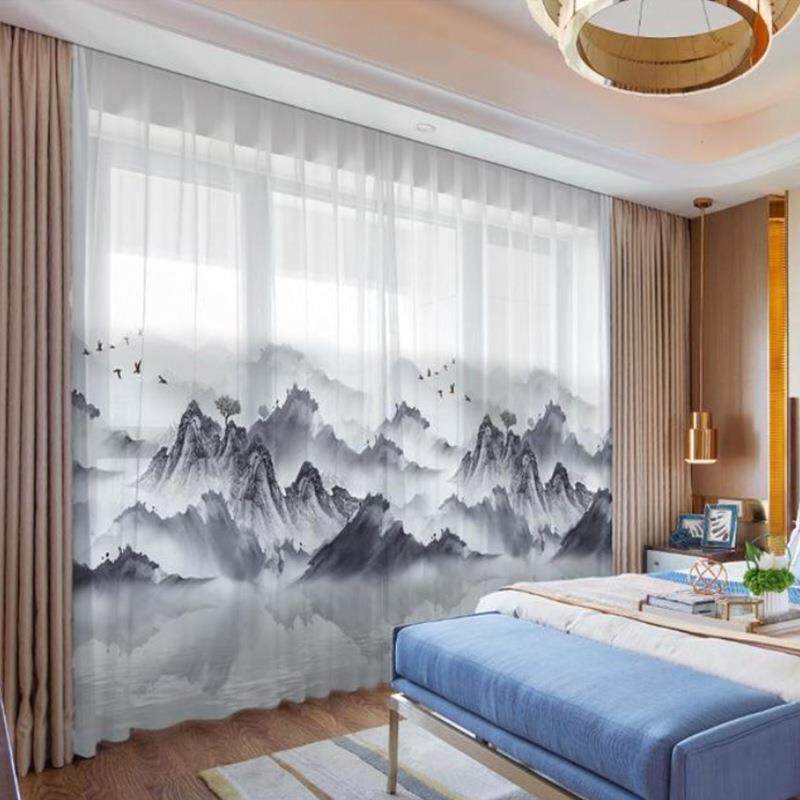 新中式雪纺纱水墨画印花窗纱中国风山水画茶楼数码成品窗帘简约