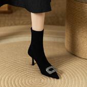 尖头袜靴细跟水钻方扣绒面短靴女2026秋冬新款 春季 法式 高跟0128ed