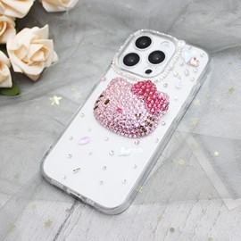 适用于iphone15promax苹果14plus手机壳hellokitty凯特猫女12水钻立体kt手工贴钻气囊支架13闪钻石透明粉色