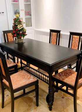美式实木雕花黑骑士餐桌家用餐厅设计长方形做旧原木书桌乡村桌子