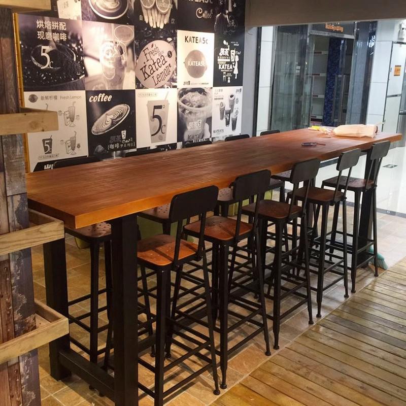 北欧实木长条桌咖啡厅吧台靠墙高脚凳酒吧桌铁艺餐厅吧台桌椅组合