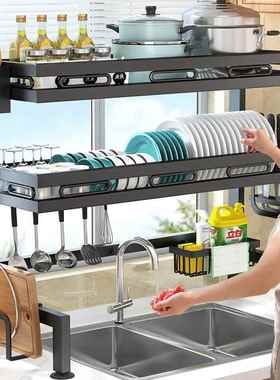 黑色厨房通风水槽置物架多功能洗碗放盘架子碗架收纳碗碟沥水架
