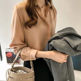 女2023韩版气质纯色衬衫，女长袖上衣简约雪纺衬衣打底衫