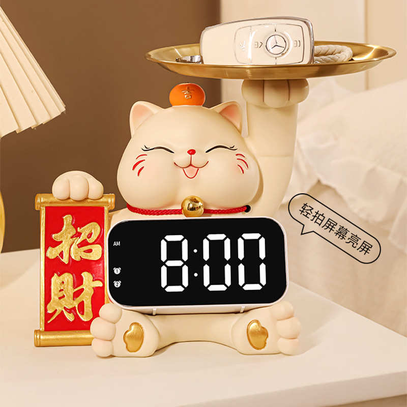 高档轻奢招财猫时钟摆件钟表摆台式创意客厅桌面电子表摆放式闹钟