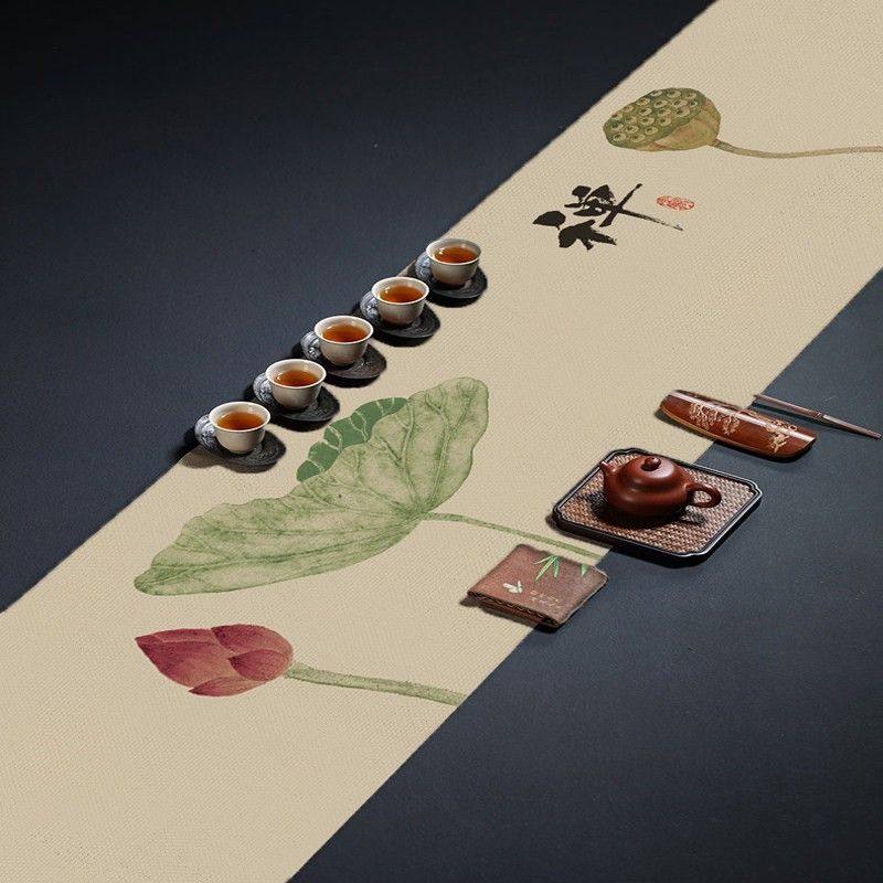 中式桌旗茶席茶几床旗防水桌布茶旗长条茶桌茶布禅意荷花棉麻桌布,居家布艺,桌旗,淘宝优惠券,粉丝福利购,淘宝优惠卷