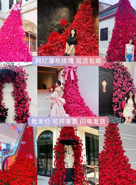 玫瑰花瀑布墙仿真假花布置网红商场广场花海大型花束打卡美陈橱窗