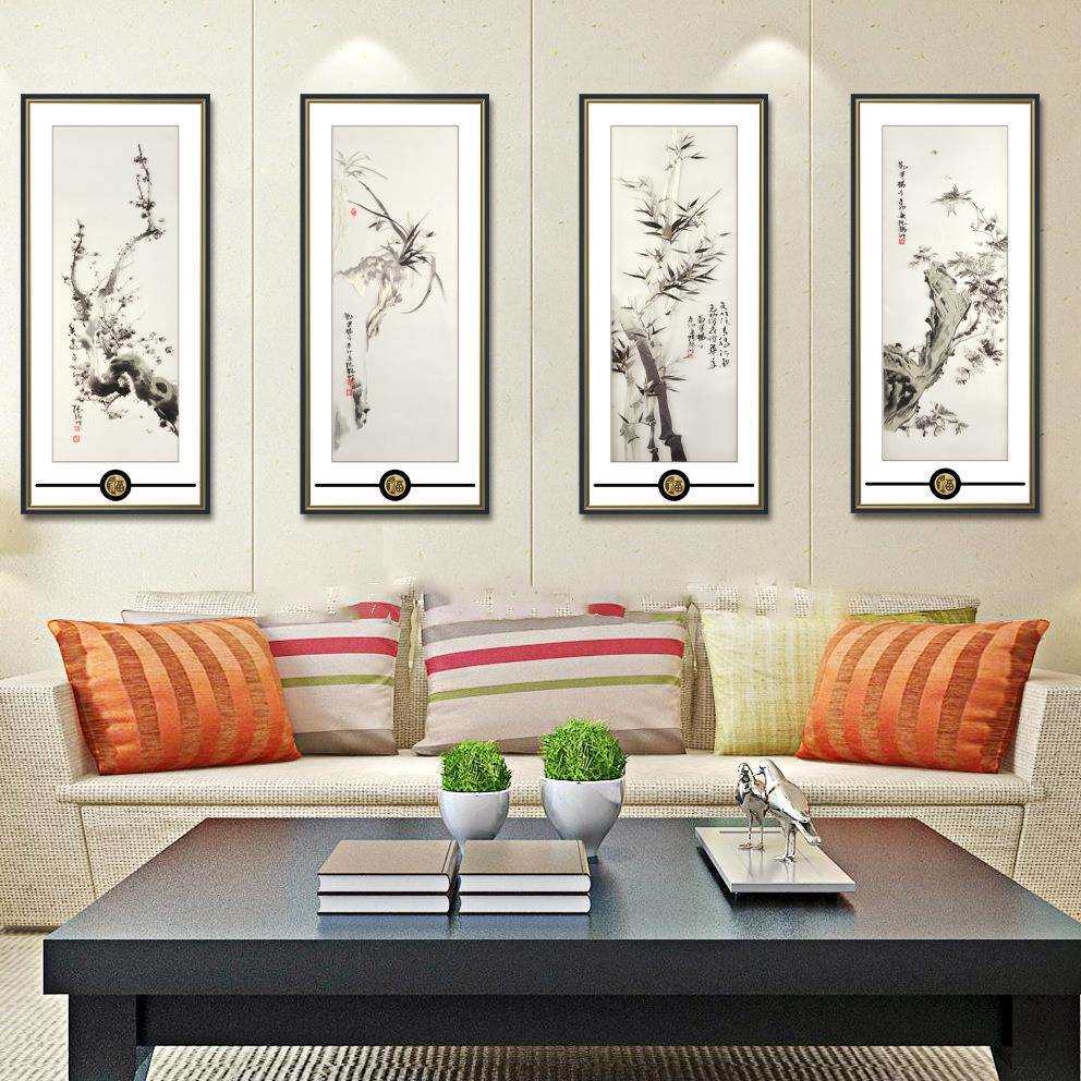 四联条屏客厅挂画刺绣屏风苏绣梅兰竹菊装饰画书房茶室素色黑白画